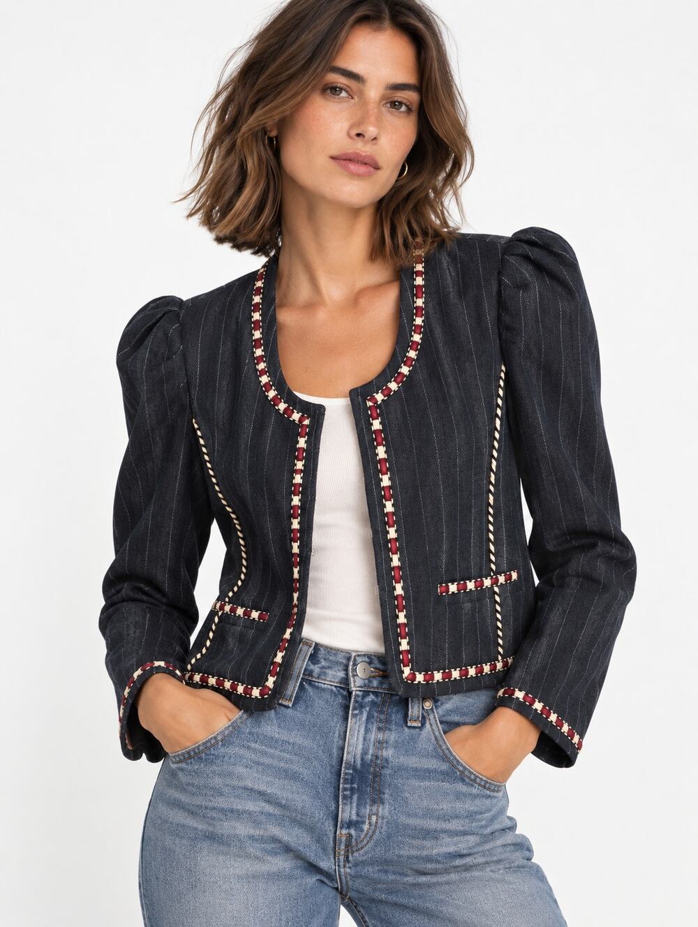 Isabel Marant Etoile Pin Striped Jilo Wool Cropped Jacket Midnight 40 / 8 US NWT